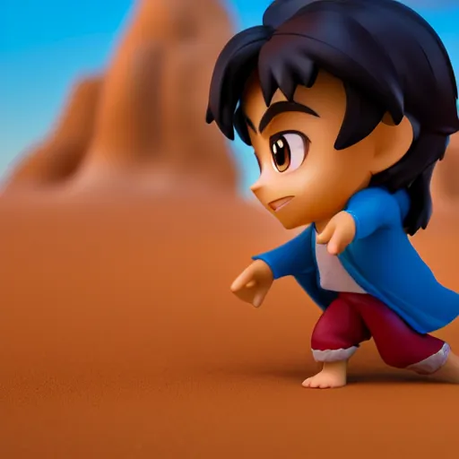 Prompt: profile view of young aladdin as nendoroid walking in a desert, disney, pixar, 8 k, hd, dof, kodak film, volumetric lighting, subsurface scattering, photorealistic, octane render, details