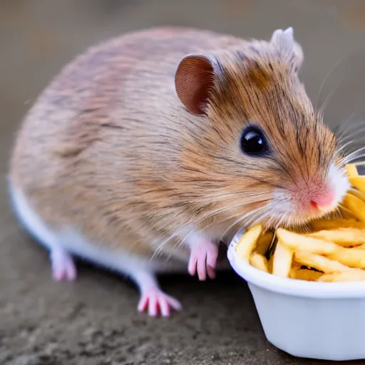 Image similar to detailed photo of a hamster eating fries, outdoors, various poses, full body, unedited, daylight, dof 8 k