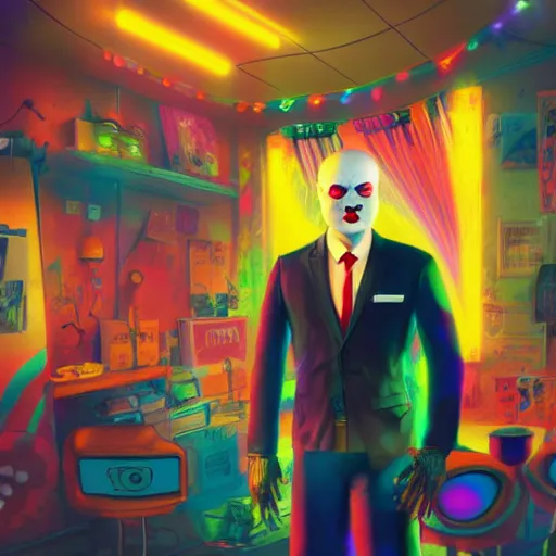 Prompt: portrait of agent 4 7 as a clown, colorful, funny, circus background, cinematic, dramatic light, high detail, raytracing, neon light, inside a messy room, masterpiece, art by jisu choe