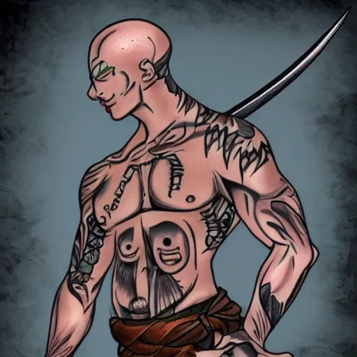 Image similar to muscular bald man, tattooed body, sword in hands, HD, anime style,