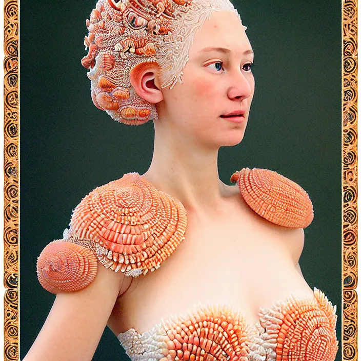 Image similar to photo portrait of a beautiful woman like a nynph-sea-angel, dressed in long elegant intricate ornamental coral and shells white dress, natural skin tone, intricate fractal highly detailed coral and shells ornament in the upper side of breast, bust with a very long neck , elegant, highly detailed intricate coral and shells ornament in her blond long hair, Realistic, Refined, Highly Detailed, Cinematic Lighting, fine art photography by Paolo Roversi, volumetric lighting, hyper realistic photography, dramatic colors scheme