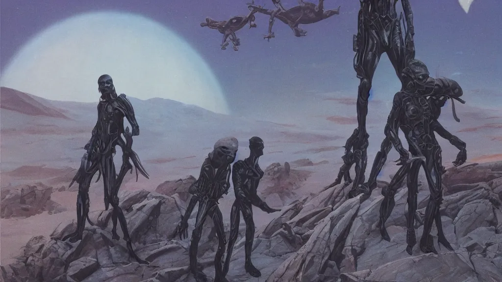 Image similar to explorers on an eerie atmospheric evolving alien planet by gerald brom and vincent di fate, epic cinematic matte painting