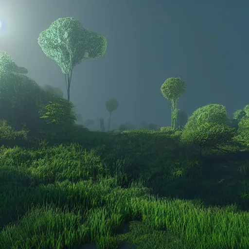 Image similar to green and healthy terrain, enveloping nature, colored point lights, volumetric lighting, unreal engine, 8K,