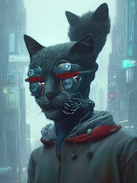 Image similar to new york city portrait of furry anthro anthropomorphic cat head animal person fursona wearing clothes strange cybernetic muzzle gloomy rainy screenshot from the video game cyberpunk 2077 digital art by Greg Rutkowski, Simon Stalenhag, christopher nolan trending on Artstation, CGSociety