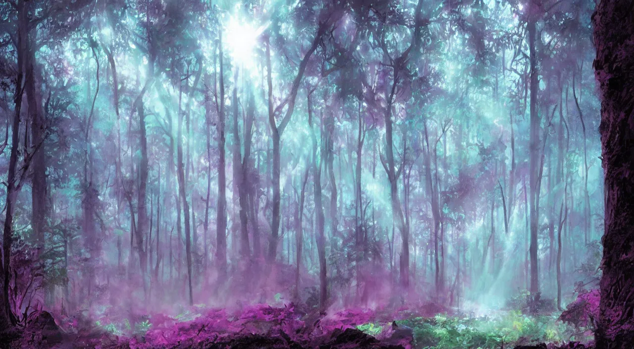Image similar to forest mist sun beams mysterious scary deep dark hyper realistic detailed illustration by jack kirby concept art graphic novel matte painting magenta teal