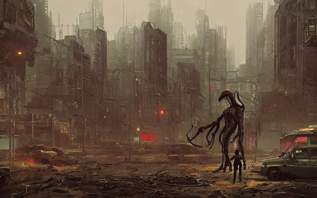 Prompt: a Xenomorph in a post apocalyptic city. Digital art, Simon Stålenhag.