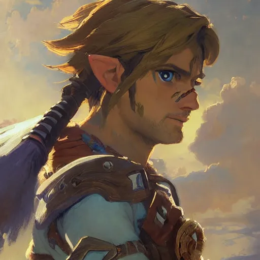 Image similar to a portrait of link from breath of the wild, by gaston bussiere, by mandy jurgens and bayard wu and greg rutkowski, masterpiece