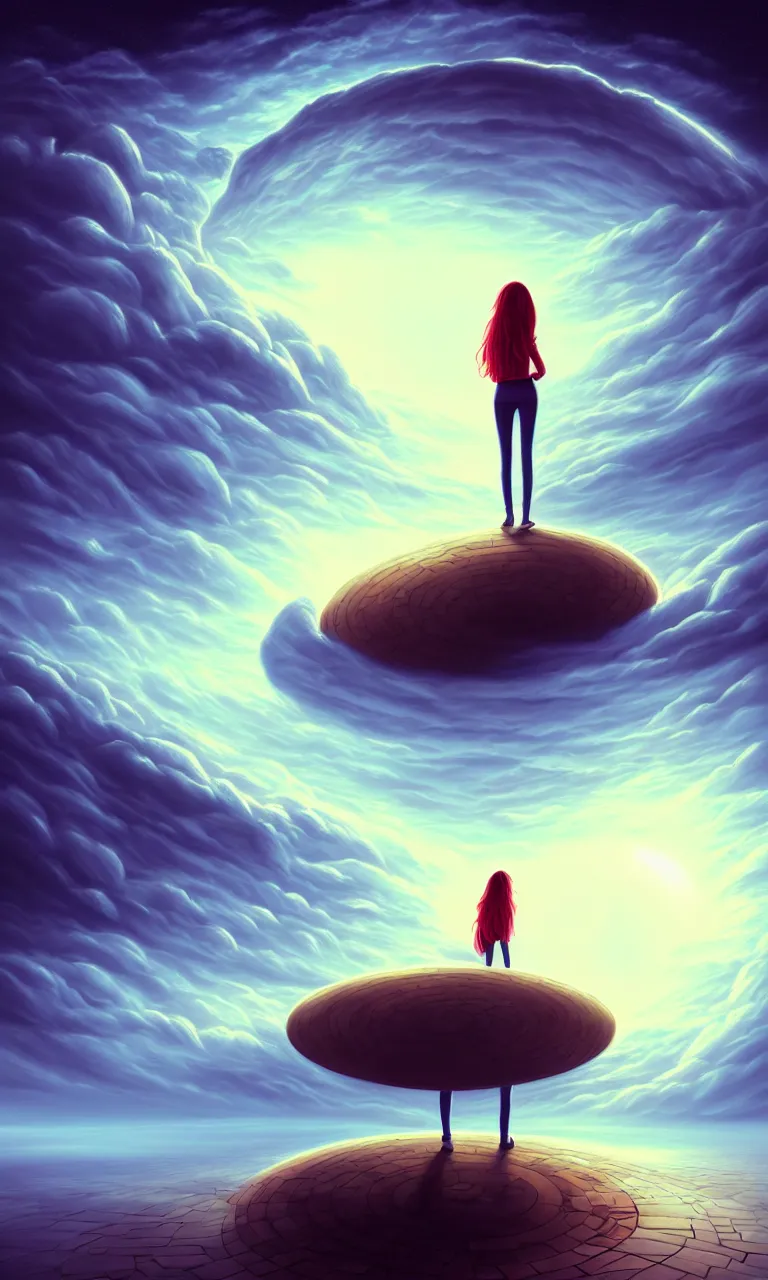 Image similar to a person standing in front of a large circular object, an album cover by cyril rolando, deviantart, magic realism, photoillustration, apocalypse art, matte drawing