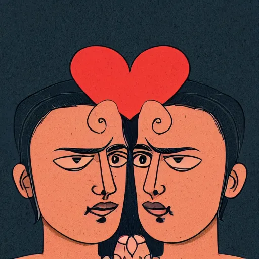 Image similar to perfectly centered symmetrical split male and female portrait of young indian man and woman in love sharing one heart. illustration, highly detailed, simple, no jagged lines, smooth, artstation, artwork by chip zdarsky