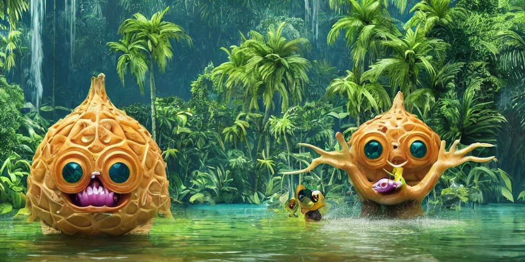 Image similar to of a tropical rainforest lake with strange cute friendly happy creatures with huge eyes, mouth, long tongue, round teeth and goofy face, appearing from the water, in the style of gehry and gaudi, macro lens, shallow depth of field, ultra detailed, digital painting, trending artstation, concept art, illustration, cinematic lighting, photorealism, epic, octane render