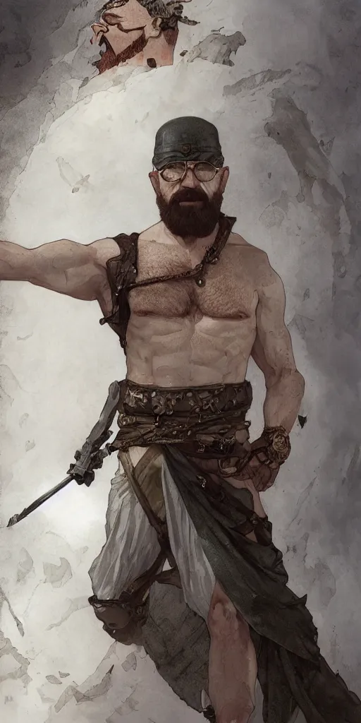 Image similar to Heisenberg as Kratos, highly detailed, digital painting, artstation, concept art, smooth, sharp focus, illustration, ArtStation, art by artgerm and greg rutkowski and alphonse mucha and J. C. Leyendecker and Edmund Blair Leighton and Katsuhiro Otomo and Geof Darrow and Phil hale and Ashley wood and Ilya repin and Charlie Bowater