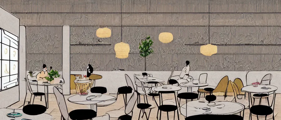 Image similar to a beautiful interior view illustration of a small roasted string hotpot restaurant in yan'an city, in the wall corner, chinese mountain architecture, restaurant wall paper is tower and mountain, rectangle white porcelain table, people are eating, black chair, animation illustrative style, from china, simple style structure decoration design, victo ngai, james jean, 4 k hd