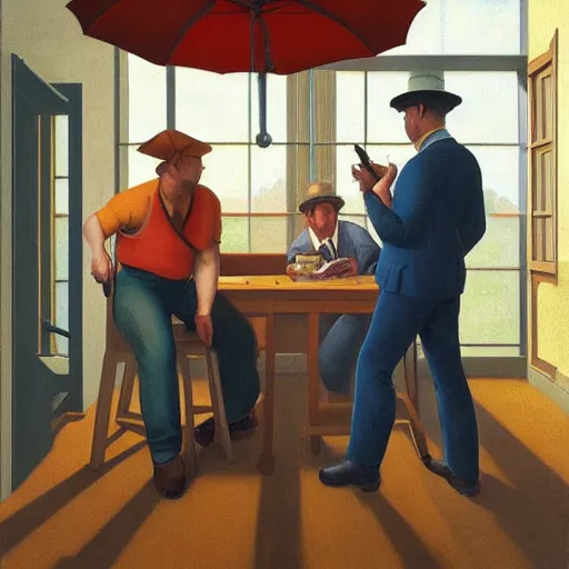 Prompt: a foreman calls his crew for lunch by Raphael, Hopper, and Rene Magritte. detailed, romantic, enchanting, trending on artstation.