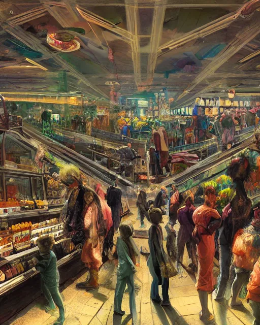 Image similar to a highly detailed cinematic concept art CG render digital painting of spherical people at a decayed grocery store surrounded by dark figures. triadic color scheme, By Greg Rutkowski, in the style of Francis Bacon and Syd Mead and Edward Hopper and Norman Rockwell and Beksinski, open ceiling, highly detailed, painted by Francis Bacon, painted by James Gilleard, surrealism, airbrush, Ilya Kuvshinov, WLOP, Stanley Artgerm, very coherent, art by Takato Yamamoto and James Jean