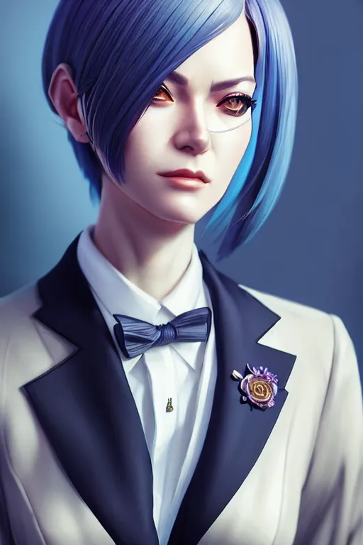 Image similar to hyperdetailed very close portrait of a european thirty years old woman in an elegant suit with a pin in a city inspired by ross tran and wlop and masamune shirow and kuvshinov, concept art, intricate, photorealistic, octane render, rtx, hdr, unreal engine, dnd digital art by artgerm fine face