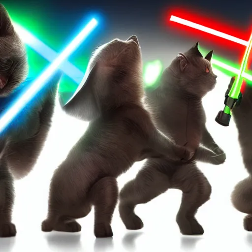 Image similar to Sith kitties in light saber battle with jedi puppies, high quality, detailed, digital art, 4K, OLED, shadows, reflections, Star wars background