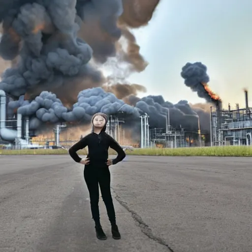 Image similar to epic photo of greta thunberg as super girl realistic backlit background oil refinery explosions and black smoke