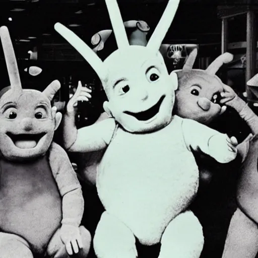 Prompt: Arnold Schwarzenegger as a teletubbies in the food court of a mall in the 90s -9