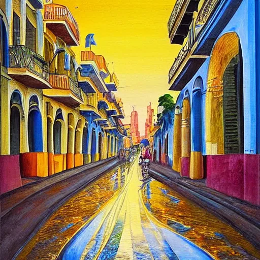 Prompt: art nouveau painting of streets of Havana, Cuba, beautiful, diverse, golden hour