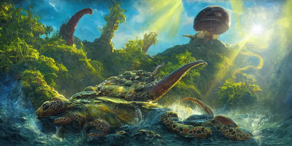 Image similar to fantasy oil painting, klattu's spacecraft, outer worlds, great leviathan, turtle cephalopod terrapin reptilian pachyderm amphibian hybrid, rainforest mountains, lush plants flowers, epic natural light, bright clouds, luminous sky, bright cinematic key lighting, michael cheval, michael whelan, vray, 8 k hd