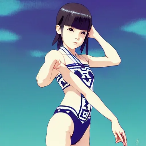 Image similar to a beautiful boyish japanese emma watson alluring instagram model, wearing elegant japanese hiphop leotard outfit with subtle mayan patterns and native fashion, aztec street fashion bathing suit, jrpg fashion, gapmoe yandere grimdark, trending on pixiv fanbox, painted by greg rutkowski makoto shinkai takashi takeuchi studio ghibli, akihiko yoshida