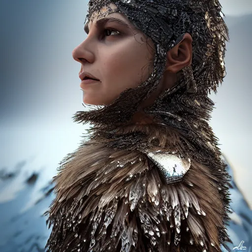 Image similar to a regal brown woman wearing an intricate and detailed armor made of ice. ice caves. glaciers. dramatic shadows. reflections. morning dew. textures. delicate. translucent. studio portrait. photorealistic. octane render