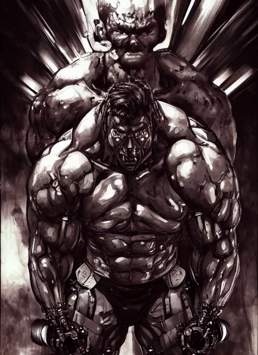 Image similar to full body portrait of an extremely muscular, very buff, huge mutant man with a creepy cybernetic mask. In style of Yoji Shinkawa and Hyung-tae Kim, trending on ArtStation, dark fantasy, great composition, concept art, highly detailed.