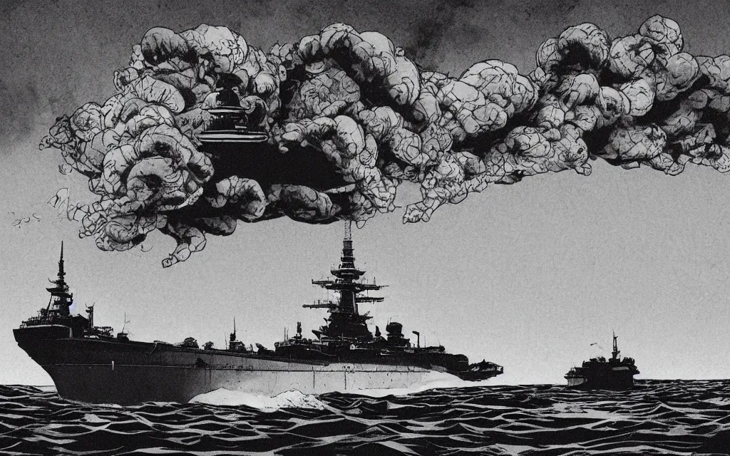 Prompt: japanese battleship yamato in front of huge mushroom cloud, in the style of james jean and laurie greasley, dynamic composition, dramatic lighting, ultra detailed