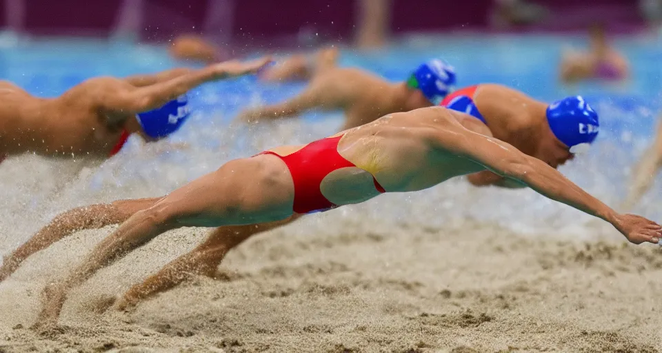 Image similar to olympic swimming in sand instead of water, extremely coherent, motion blur