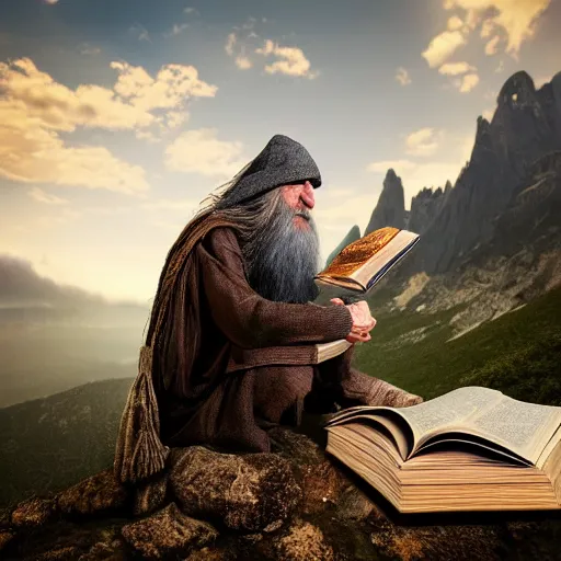 Prompt: old wizard with a long beard on a mountain top with an old book, photorealistic 4k
