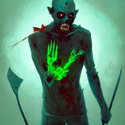 Prompt: low poly painting by greg rutkowski of a drowned zombie holding a trident with glowing cyan eyes, wearing ragged clothing, holding a trident, underwater, pastel green and blue color palette