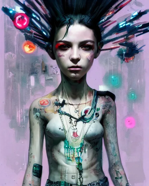 Image similar to detailed portrait Young Gangster Girl cyberpunk futuristic ((neon)) tattoes, styled hair Reflective gauzy fine-spun film jacket, decorated traditional ornaments by Carl Spitzweg ismail inceoglu dragan bibin hans thoma greg rutkowski Alexandros Pyromallis Nekro illustrated Perfect face, fine details, realistic shaded, fine-face, pretty face