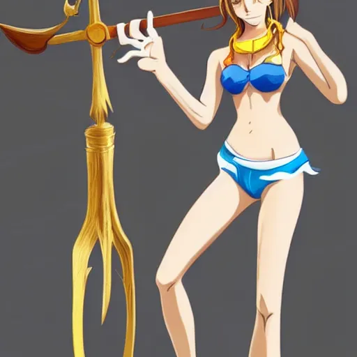 Prompt: A full body portrait of emma watson as Nami from one piece holding a trident in one hand, 3d, trending artstation, perfect faces