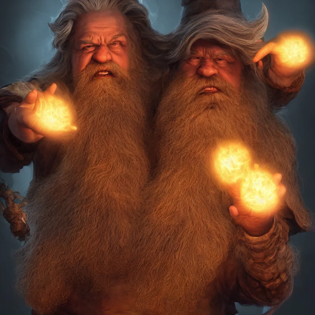 Image similar to Photorealistic cinematic close-up portrait of one angry dwarf wizard casting a fireball spell, by Larry Elmore and Steven Belledin . Magical occult photorealism, UHD, amazing depth, glowing, golden ratio, 3D octane cycle unreal engine 5, volumetric lighting, cinematic lighting, cgstation artstation concept art