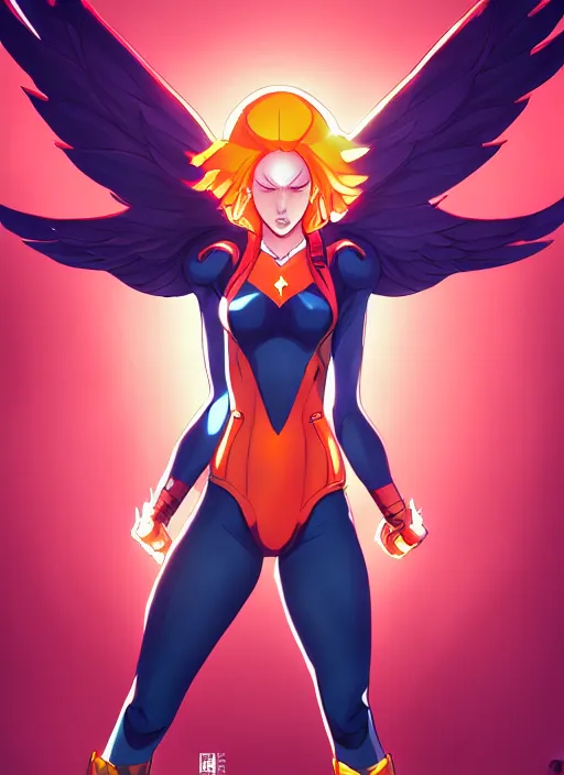 Prompt: female Phoenix x-men fanart, full body action pose, semi-realistic anime illustration, symmetrical face, beautiful Symmetrical eyes, fanart, trending on Pixiv, cinematic, 4K anime, cel shaded, Akihiko Yoshida, cinematic, 4K