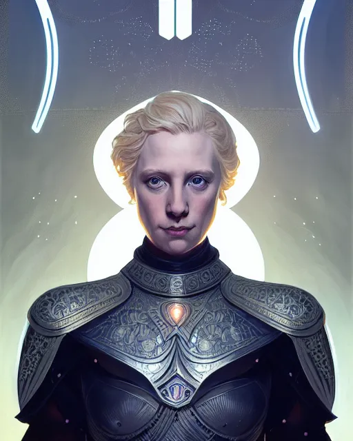 Prompt: symmetry portrait of brienne of tarth, fantasy, silver armor, glowing lights intricate, elegant, highly detailed, digital painting, artstation, concept art, smooth, sharp focus, illustration, art by artgerm and greg rutkowski and alphonse mucha