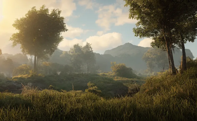 Image similar to beautiful landscape, Unreal Engine 5, RTX, AAA Game, Detailed 3D Render, Cinema4D