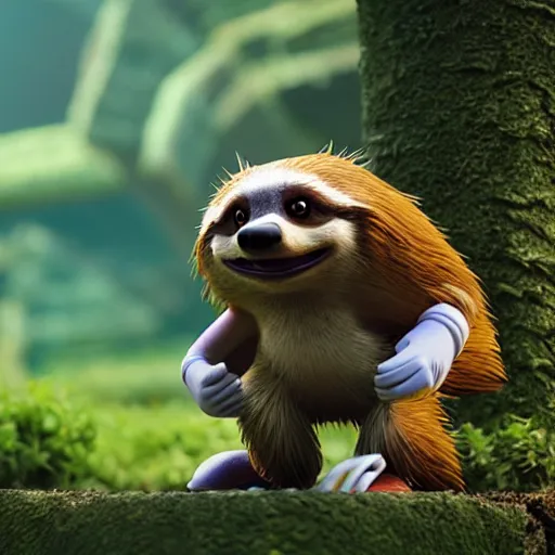 Image similar to sonic the hedgehog as a sloth, weta hyperrealism cinematic lighting and compositon
