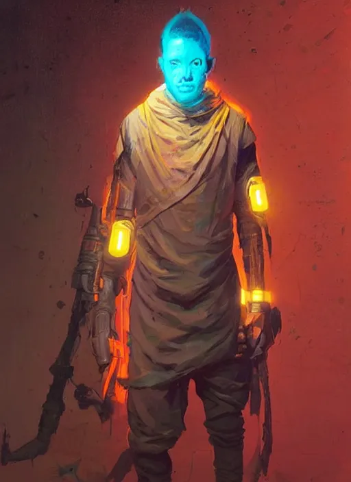 Image similar to a full body sci - fi portrait, oil painting, illustration of an old african jedi, techwear, colourful, glowing lights!! by justin sweet and greg rutkowski and alphones much