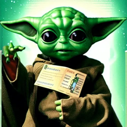 Image similar to baby yoda reading a Cyberfrog comicbook