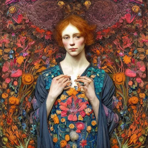 Image similar to the flower prince, by Annie Swynnerton and Annie Stegg Gerard, embroidered robes, floral tattoos, bioluminescent, elaborate costume, geometric ornament, symbolist, soft colors, dramatic lighting, smooth, sharp focus, extremely detailed