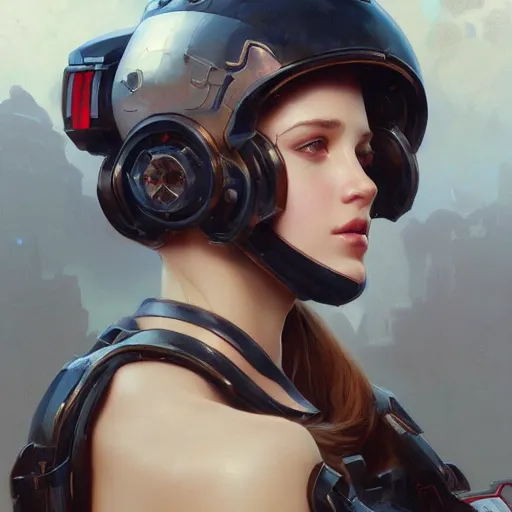 Prompt: portrait painting of russian gorgeous woman in mecha black helmet, by artgerm and greg rutkowski and alphonse mucha, ultra realistic, concept art, intricate details, highly detailed, photorealistic, octane render, 8 k, unreal engine