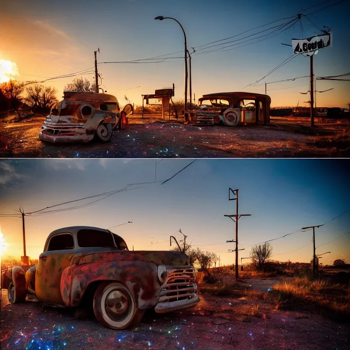 Image similar to a sunset light landscape with historical route 6 6, lots of sparkling details and sun ray ’ s, blinding backlight, smoke, volumetric lighting, colorful, octane, 3 5 mm, abandoned gas station, old rusty pickup - truck, beautiful epic colored reflections, very colorful heavenly, softlight