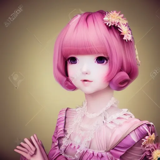 Image similar to highly detailed 3D render portrait young, kawaii lady pink cheeks dressed in manga, floral renaissance dress