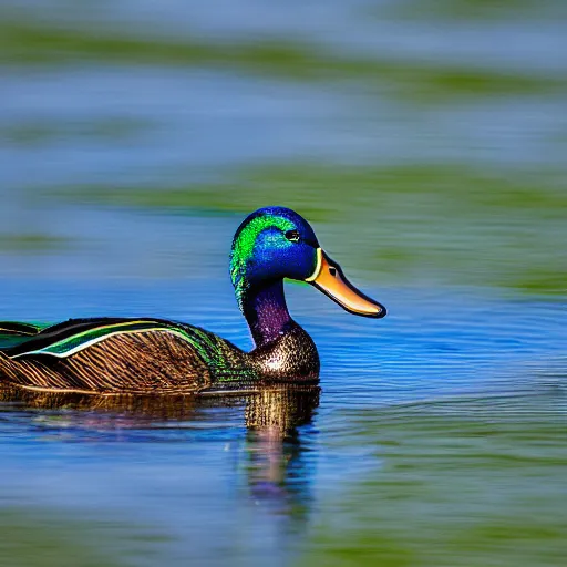 Image similar to a colorful iridescent mallard floating on a lake in the foothills of mount saint helens crater in the distance