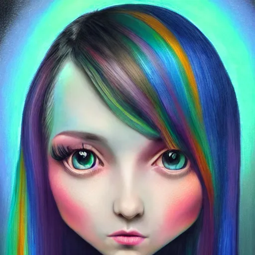 Prompt: an intelligent beautiful young girl with rainbow hair looking at the camera, she has a cute face, intricate, elegant, highly detailed, digital painting, artstation, concept art, smooth, sharp focus, illustration, art by mark ryden 3 d 8 k ultra detailed