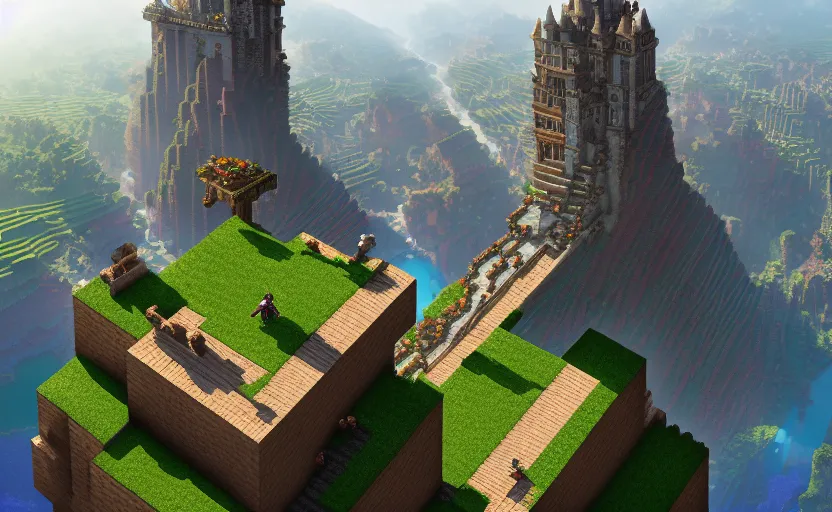 Ascendendo aos céus uma visão panorâmica realista de um mundo minecraft  teleporter stairs generative ai