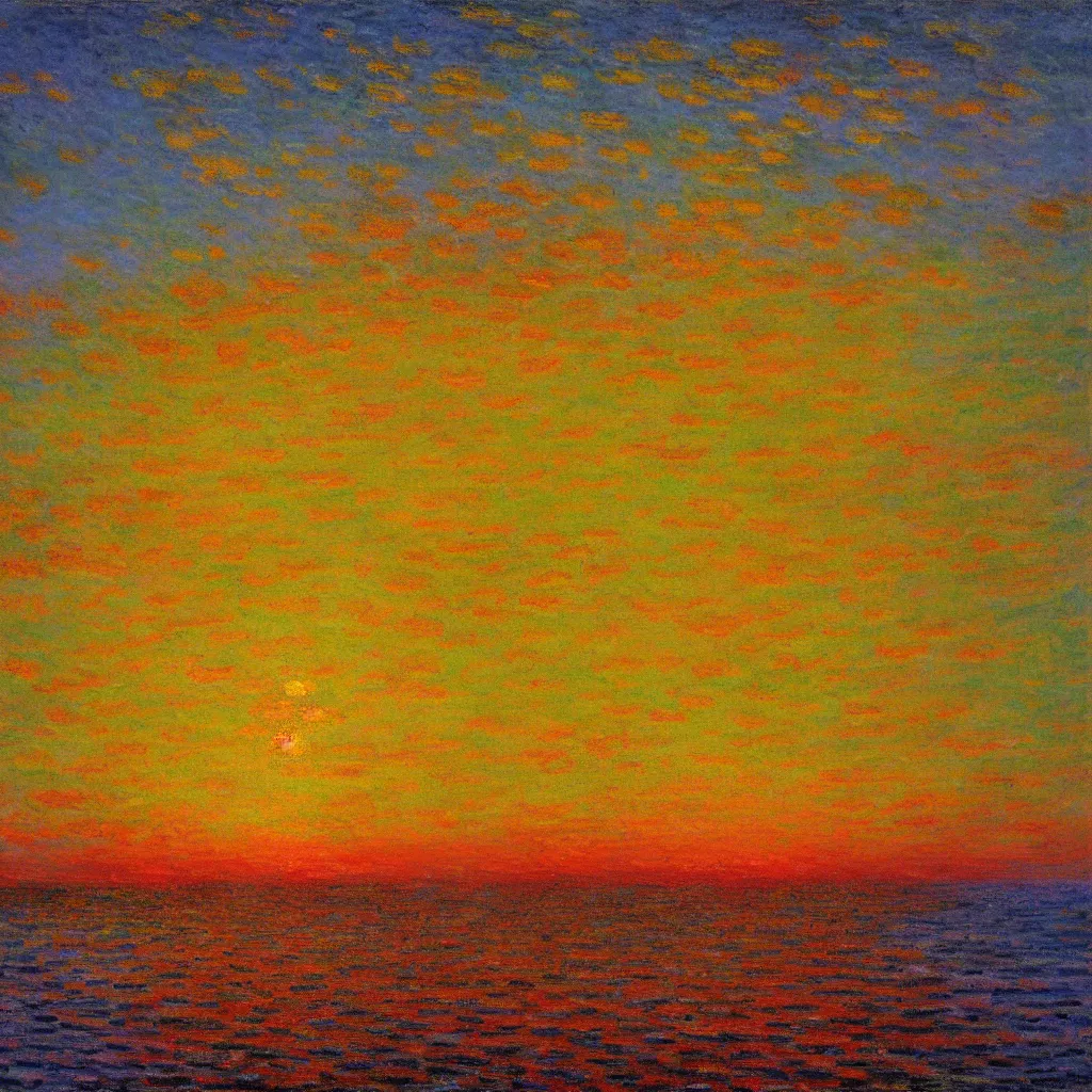 Image similar to an impasto oil painting of a stunning, colorful sunset painted by claude monet, complementary colors, golden ratio