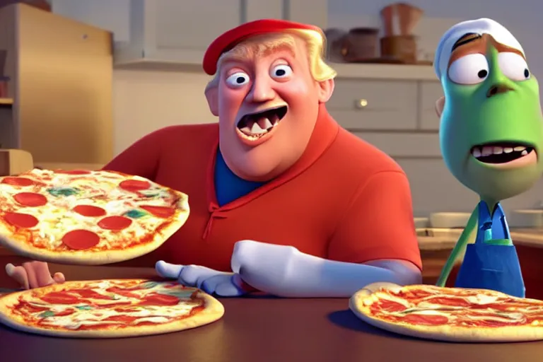 Image similar to still from a pixar movie of trump making a pizza, high quality 3 d render, movie, pixar, renderman, 4 k, artstation