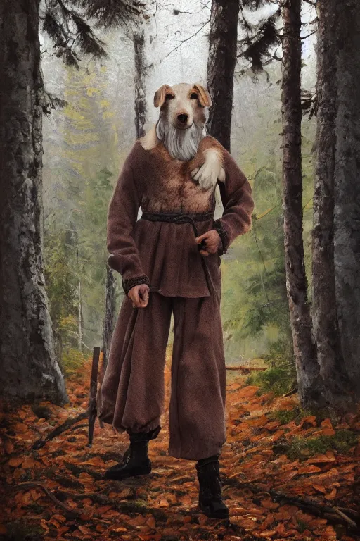 Image similar to slavic dog head man, woolen torso in medieval clothes, by whimmy artstation, walking in the forest, orthodox saint christopher, oil painting, concept art, hyperrealism, beautiful, high resolution, trending on artstation,